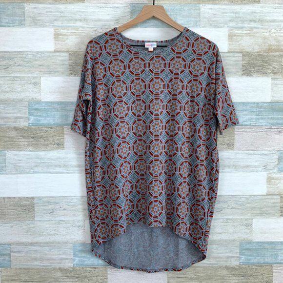 LuLaRoe Irma High Low Tunic Top Gray Red Kaleidoscope Print Womens XXS NWT - Picture 1 of 5